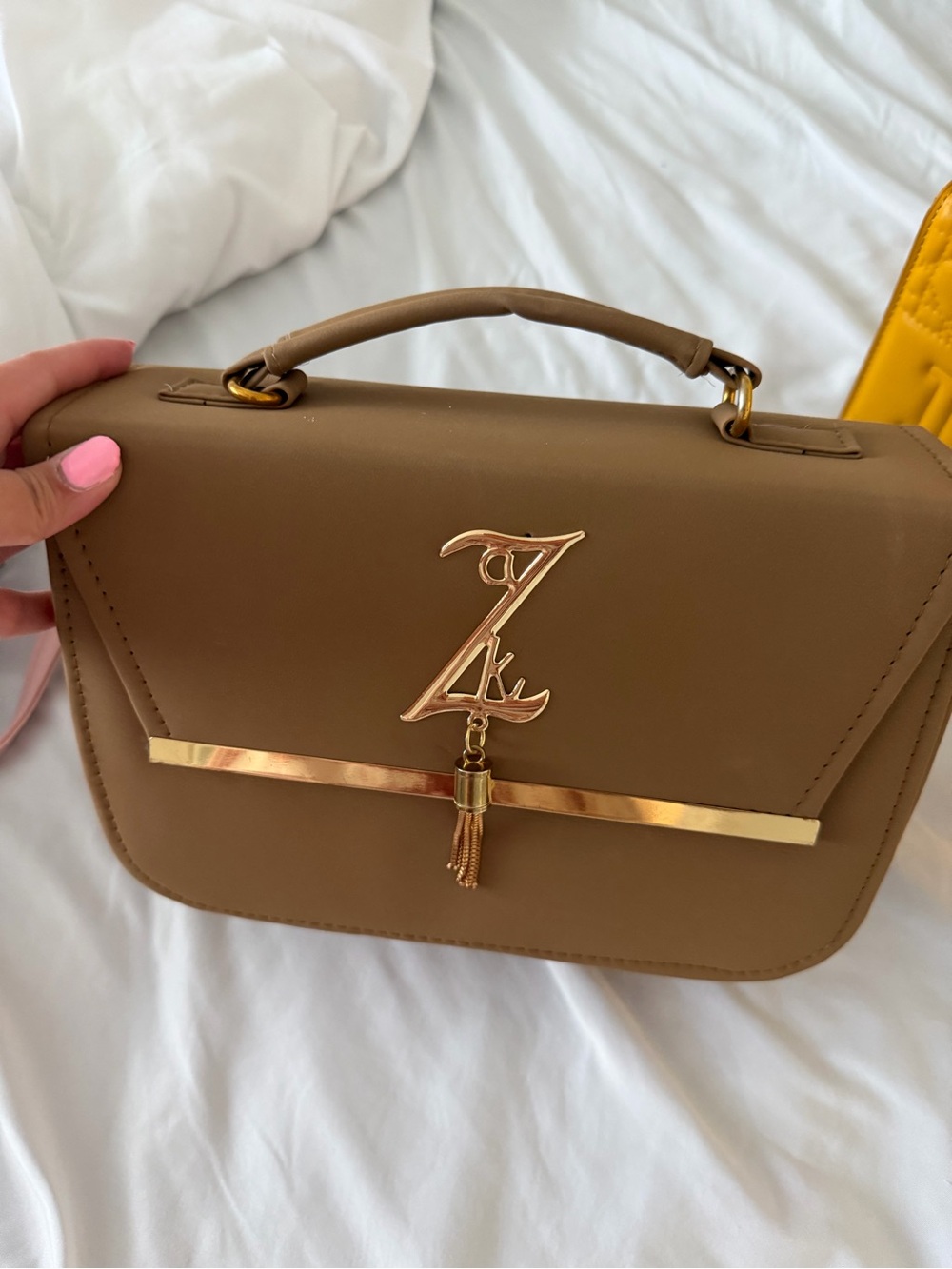 Z-Inspired Tan Top Handle Bag with Gold Trim
